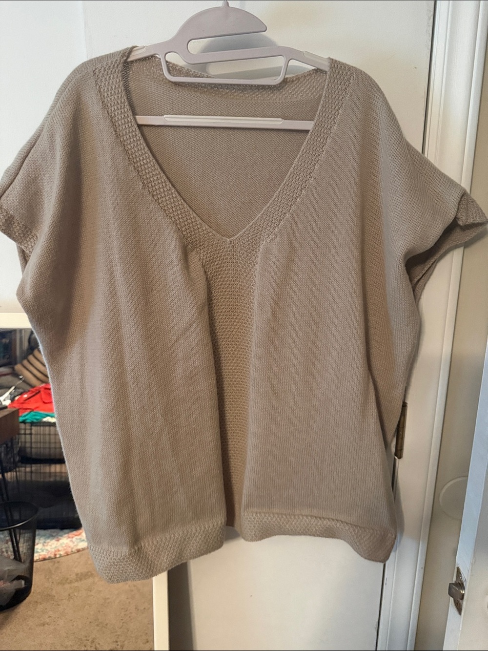 SHEIN Taupe V-Neck Short Sleeve Knit Sweater